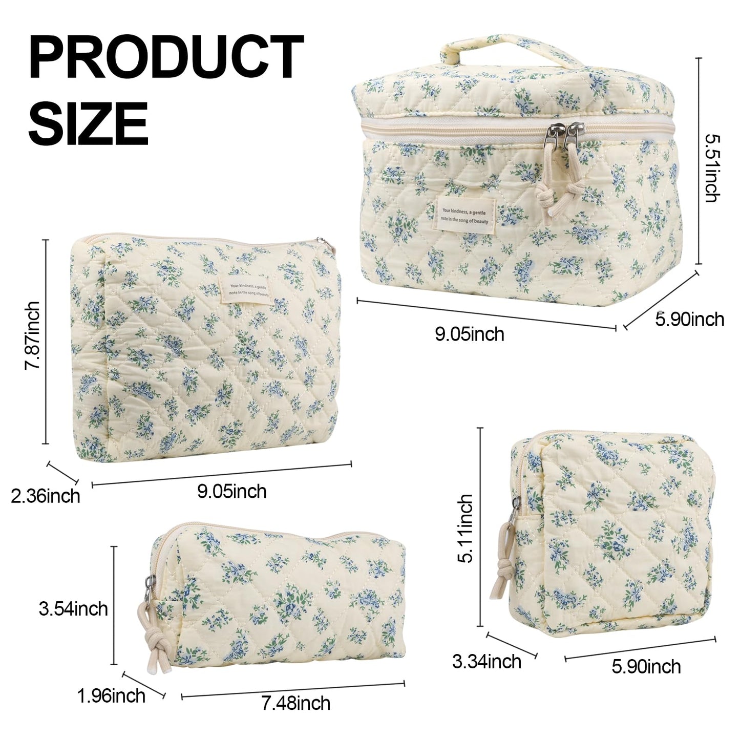 Cute Makeup Bag for Women(2 Pcs), Travel Cosmetic Bags, Quilted Coquette Aesthetic Floral Toiletry Organizer Bag (NavyBlue Flower)
