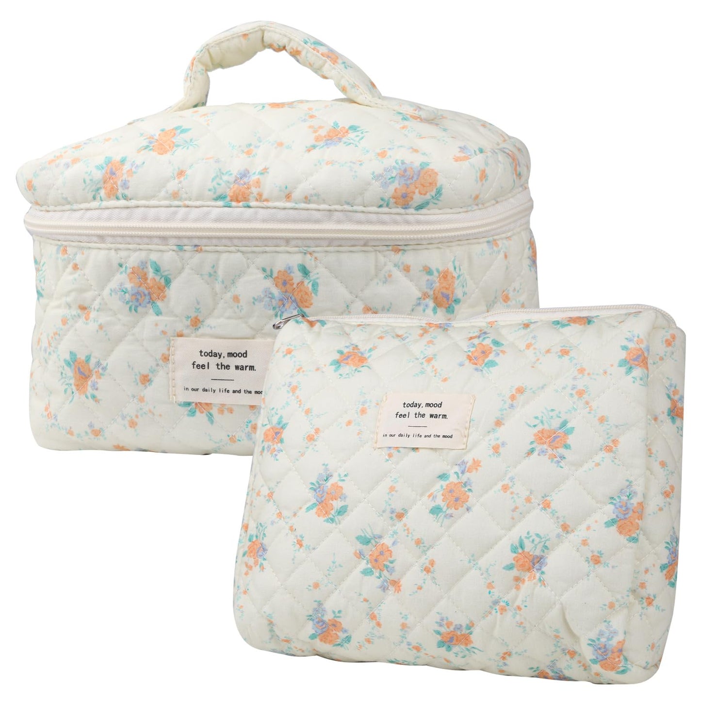 Cute Makeup Bag for Women(2 Pcs), Travel Cosmetic Bags, Quilted Coquette Aesthetic Floral Toiletry Organizer Bag (NavyBlue Flower)