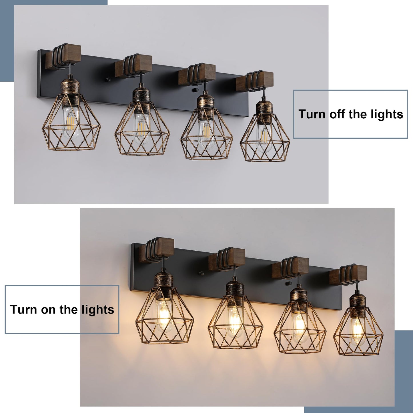 Farmhouse Vanity Light for Bathroom, 3-Light Wood Bathroom Vanity Light Fixtures Over Mirror, Rustic Sconces Wall Lighting with Metal Lampshade for Living Room, Bedroom, Hallway