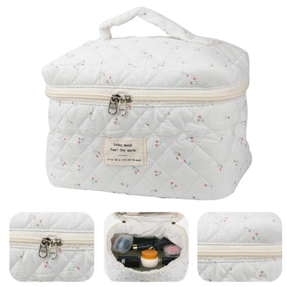 Cute Makeup Bag for Women(2 Pcs), Travel Cosmetic Bags, Quilted Coquette Aesthetic Floral Toiletry Organizer Bag (NavyBlue Flower)