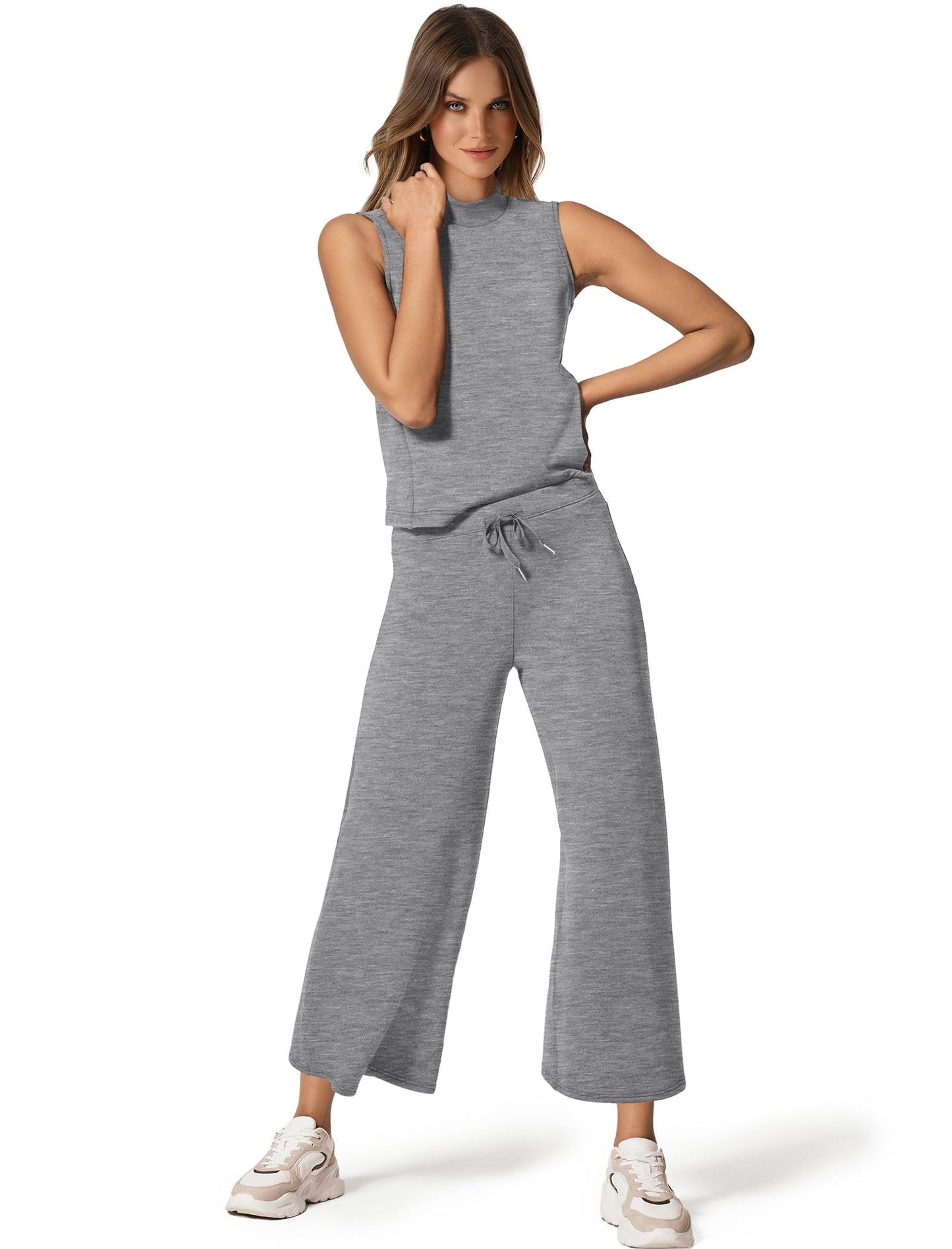 SAMPEEL Two Piece Sets for Women Summer Outfits Lounge Sets Mock Neck Tops Wide Leg Crop Pants Vacation Travel Outfits