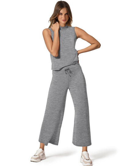 SAMPEEL Two Piece Sets for Women Summer Outfits Lounge Sets Mock Neck Tops Wide Leg Crop Pants Vacation Travel Outfits