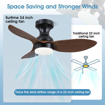Ceiling Fans with Lights-36 Low Profile Ceiling Fan with Light and Remote/APP Control,Flush Mount,DC Reversible,LED Dimmable Blakc Ceiling Fans for Bedroom,Indoor/Outdoor Patio Use