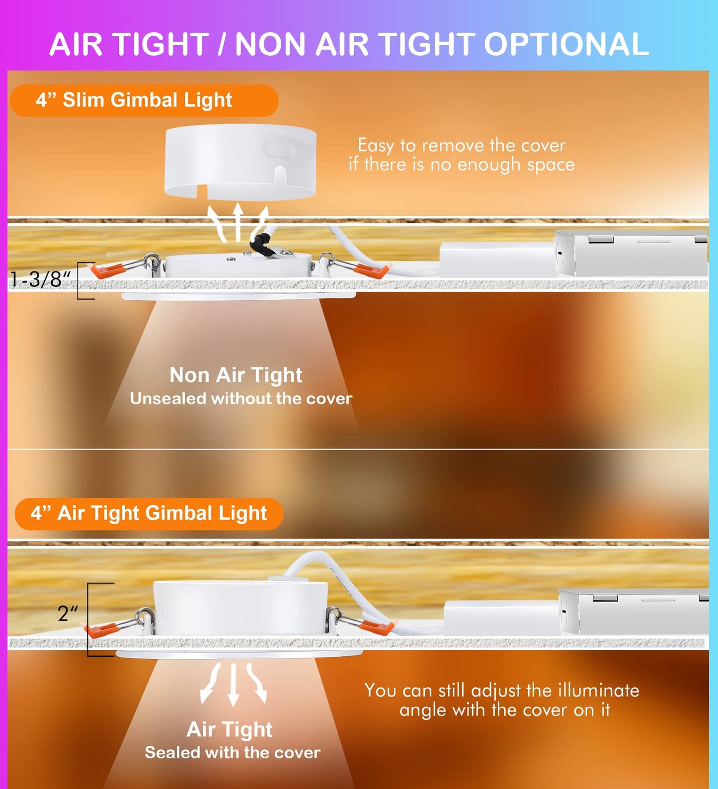 Cloudy Bay Eyeball 5 Color 4 inch Gimbal LED Recessed Light with Junction Box,9.5W CRI90+ 2700K/3000K/3500K/4000K/5000K Selectable,Dimmable Canless Ceiling Spot Light,Damp Location,Black,Pack of 6