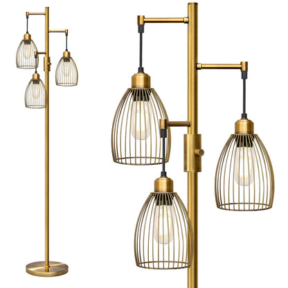 Dimmable Industrial Floor Lamps for Living Room, Gold Tree Standing Tall Lamps with 3 Elegant Teardrop Cage Head & 800 Lumens LED Bulbs for Bedroom Office