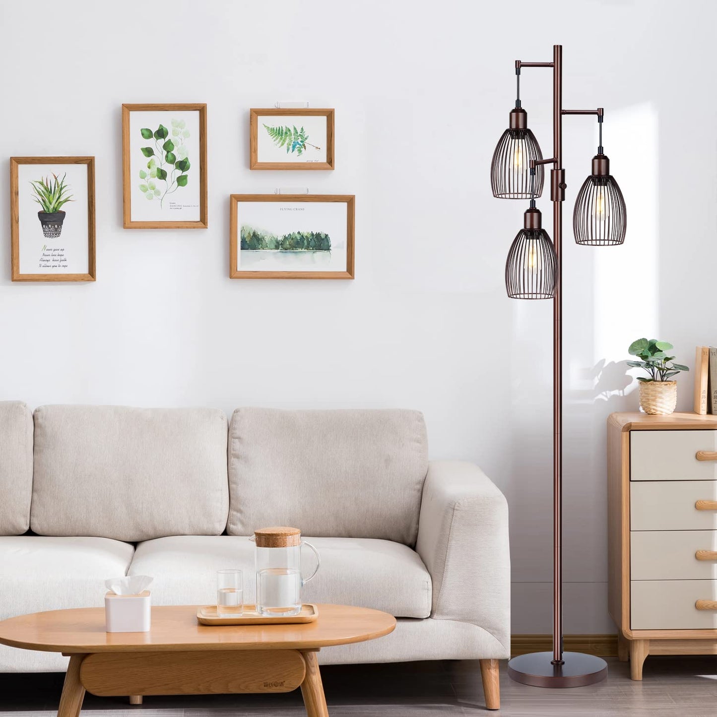 Dimmable Industrial Floor Lamps for Living Room, Gold Tree Standing Tall Lamps with 3 Elegant Teardrop Cage Head & 800 Lumens LED Bulbs for Bedroom Office