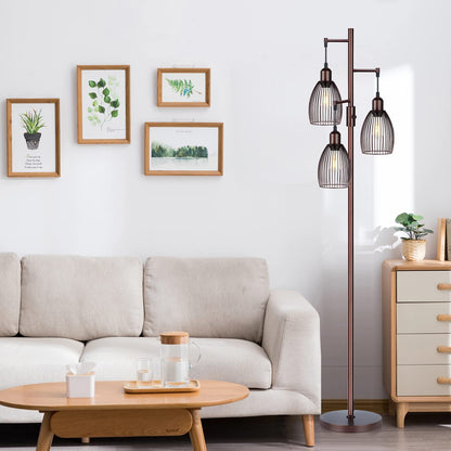 Dimmable Industrial Floor Lamps for Living Room, Gold Tree Standing Tall Lamps with 3 Elegant Teardrop Cage Head & 800 Lumens LED Bulbs for Bedroom Office
