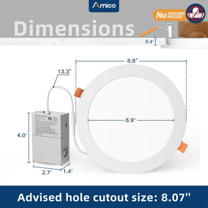 Amico 6 Pack 6 Inch 5CCT Ultra-Thin LED Recessed Ceiling Light with Junction Box, 2700K/3000K/3500K/4000K/5000K Selectable, 12W Eqv 110W 1050LM Brightness Dimmable Canless Wafer Downlight, ETL & FCC