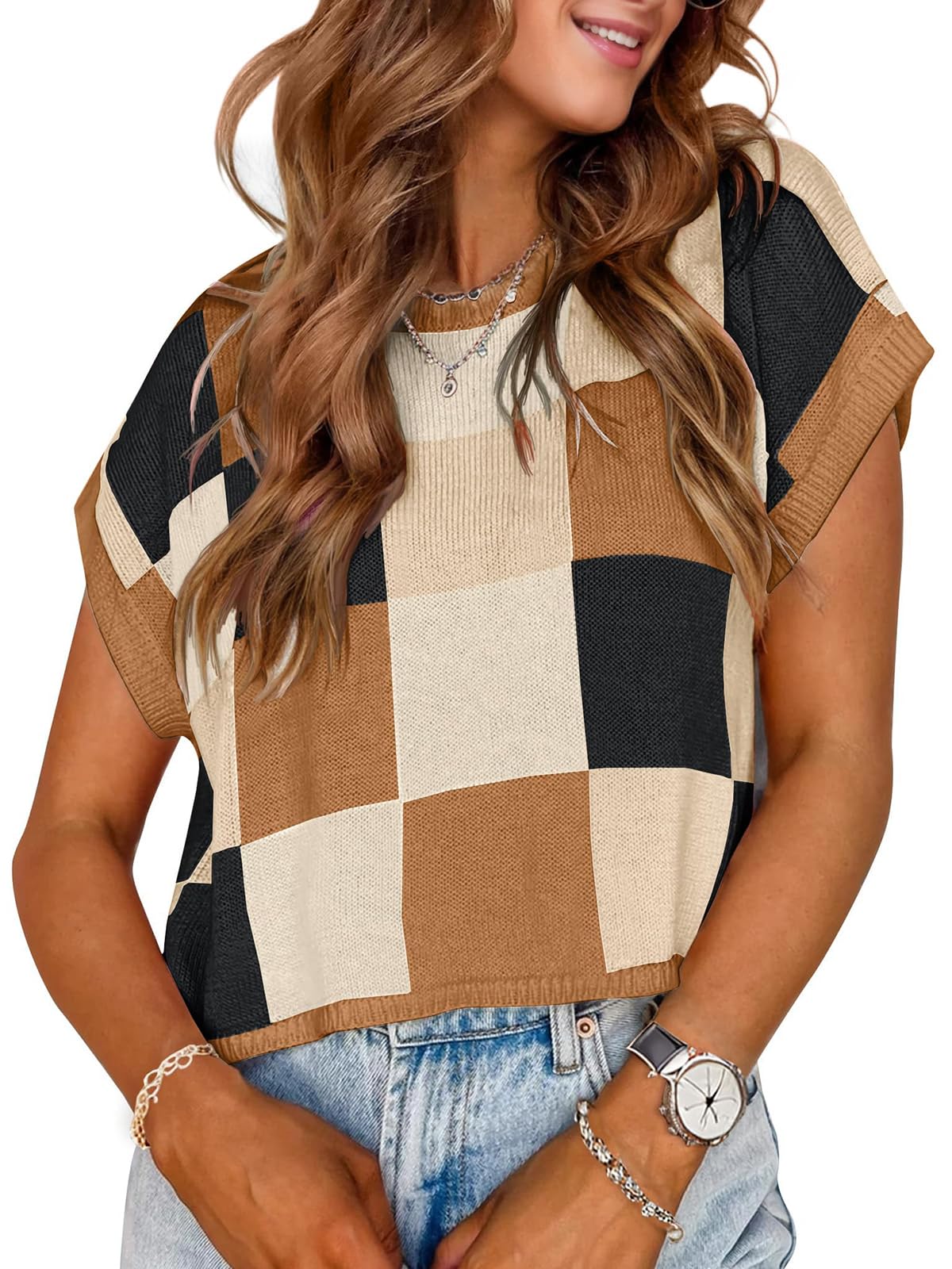 Womens Spring Crop Tops 2025 Cap Short Sleeve Sweater Vest Tank Loose Shirts Business Vacation Outfits Trendy Fall Summer Top