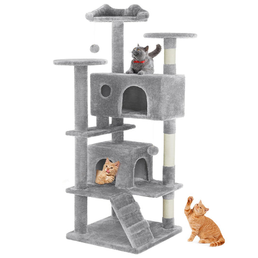 Sweetcrispy 54-Inch Cat Tree Tower – Multi-Level with Sisal Scratching Post, Perfect Pet Gift, Indoor Condo with Climbing Ladder, Plush Toy, and More Animal Stuff, Light Grey