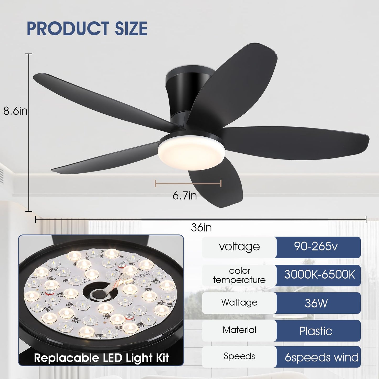 Ceiling Fans with Lights-36 Low Profile Ceiling Fan with Light and Remote/APP Control,Flush Mount,DC Reversible,LED Dimmable Blakc Ceiling Fans for Bedroom,Indoor/Outdoor Patio Use
