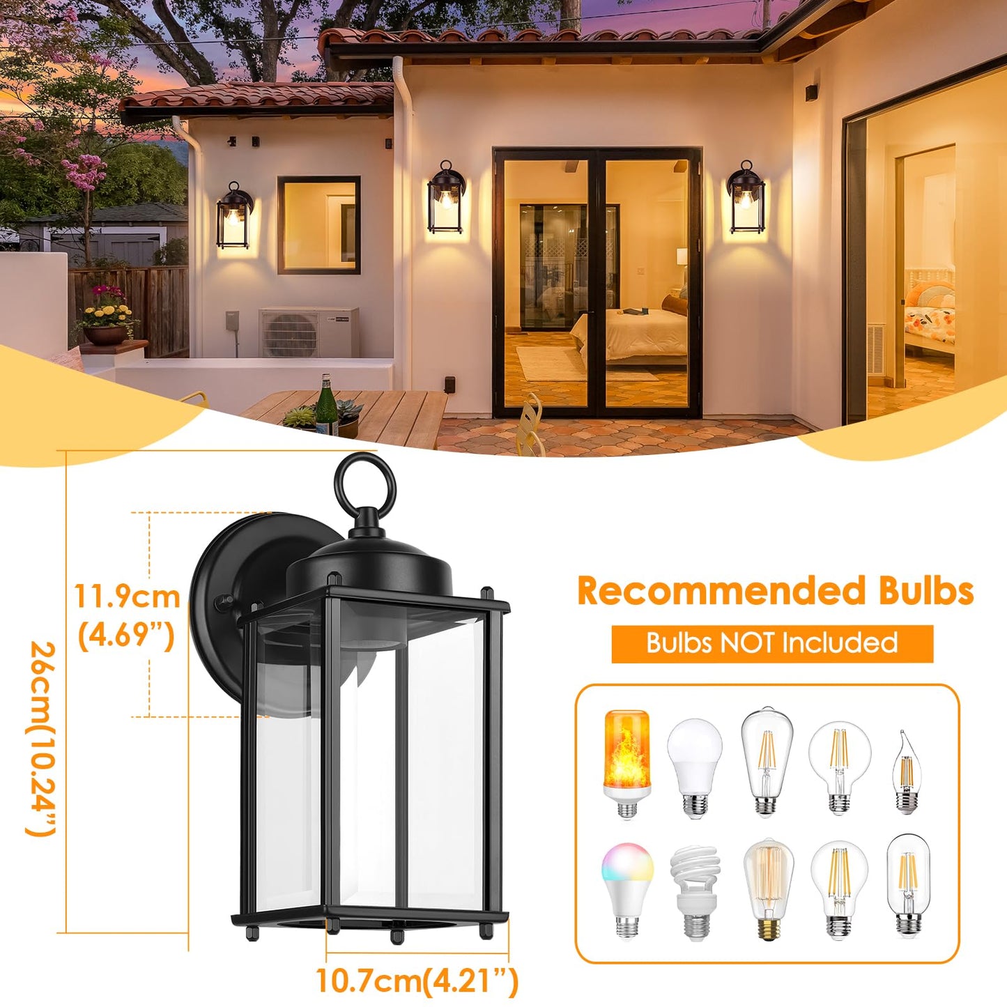 Outdoor Wall Lantern, Exterior Waterproof Wall Sconce Light Fixtures, Black Front Door Wall Lighting with Clear Beveled Glass Shade, 2 Pack