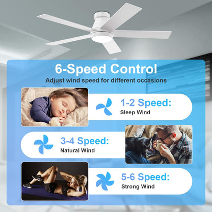 TCL 52" Ceiling Fan with Lights, Black Flush Mount Ceiling Fans with Remote Control, 6 Speeds DC Reversible, Dimmable, Noiseless, Low Profile