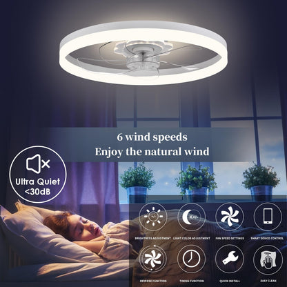 20‘’ Ceiling Fan with Light, Upgraded Low Profile Fan, Flush Mount Ceiling Fan, 6 Speeds, Dimmable LED, App & Remote Control, Quiet DC Motor, for Bedroom, Living Room, F115 White