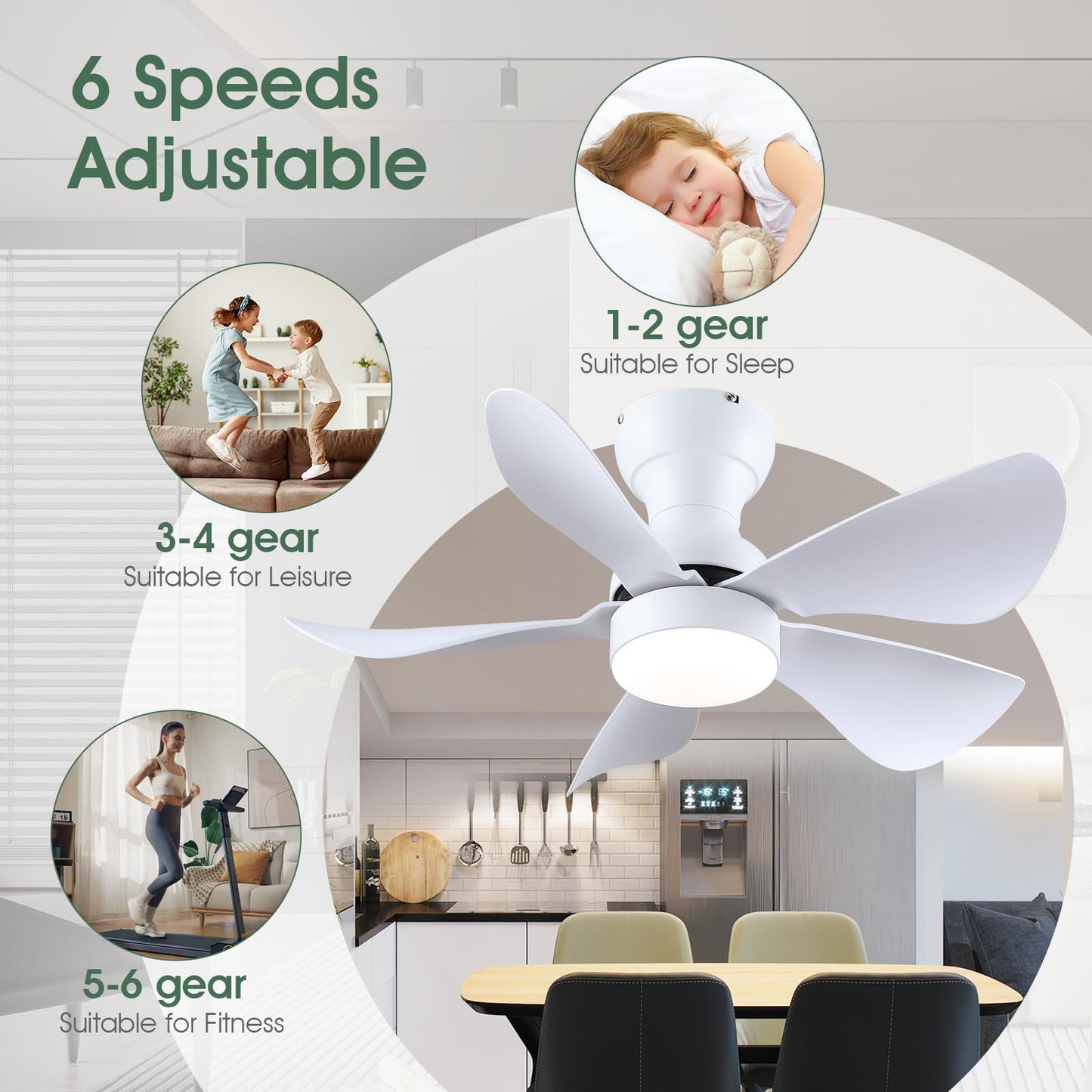 Ceiling Fans with Lights and Remote/APP Control, 30 inch Low Profile Ceiling Fans with 5 Reversible Blades 3 Colors Dimmable 6 Speeds Ceiling Fan for Bedroom Kids Room Dining Room, Black