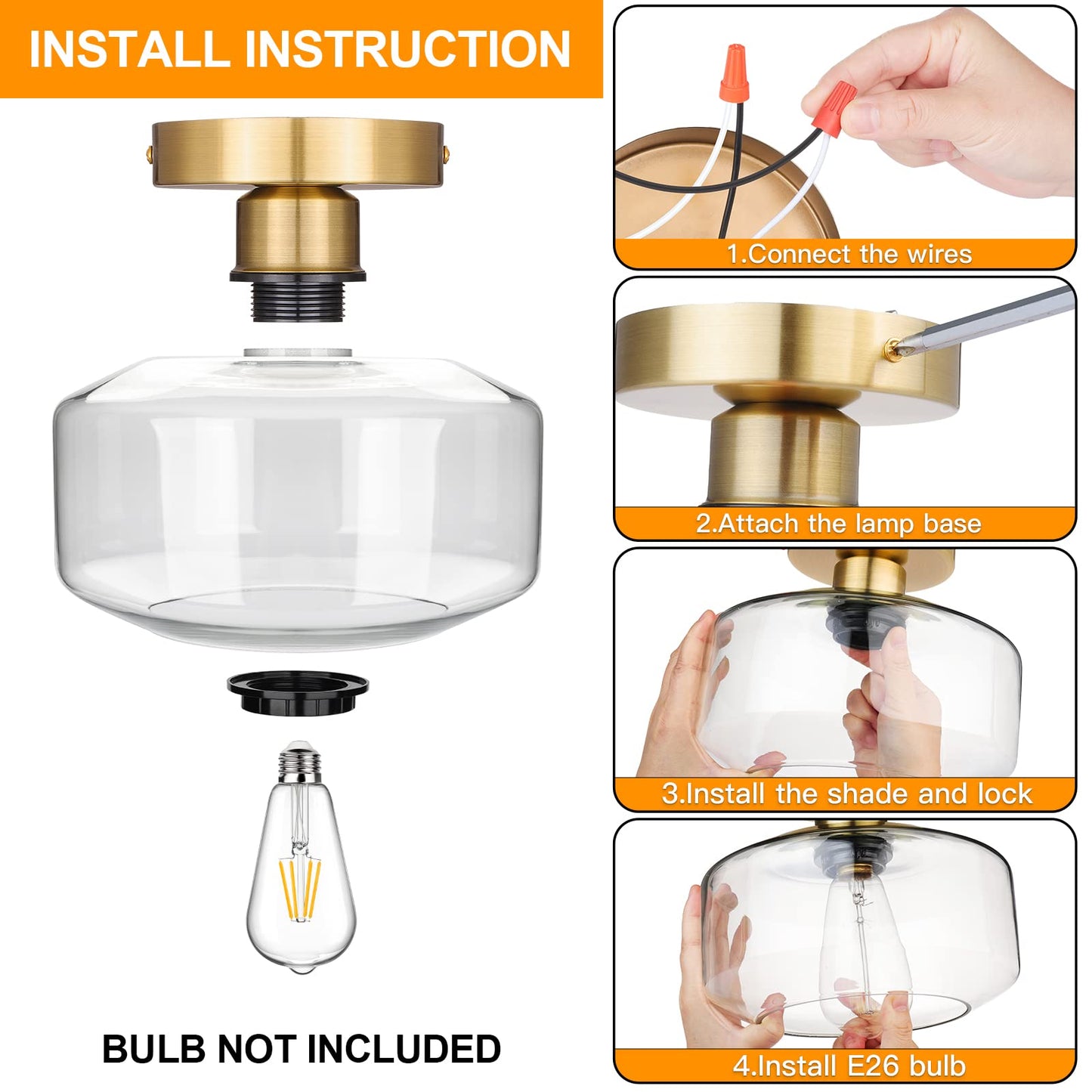 MAXvolador Industrial Semi Flush Mount Ceiling Light, Clear Glass Pendant Lamp Shade, Farmhouse Lighting for Hallway, Vintage Hanging Light Fixtures