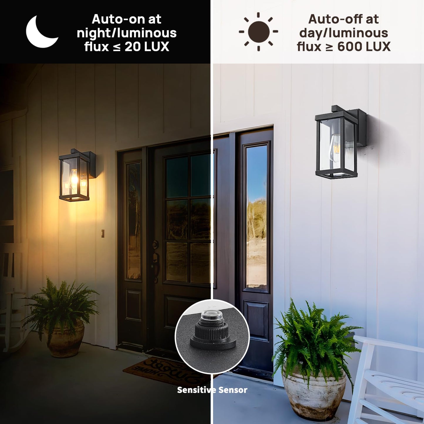 Dusk to Dawn Porch Lights with GFCI Outlets Waterproof Outdoor Wall Lights Exterior Lighting Fixtures Modern Outside Lights Wall Mount for House Patio Garage,Black,11.8''H,1PC
