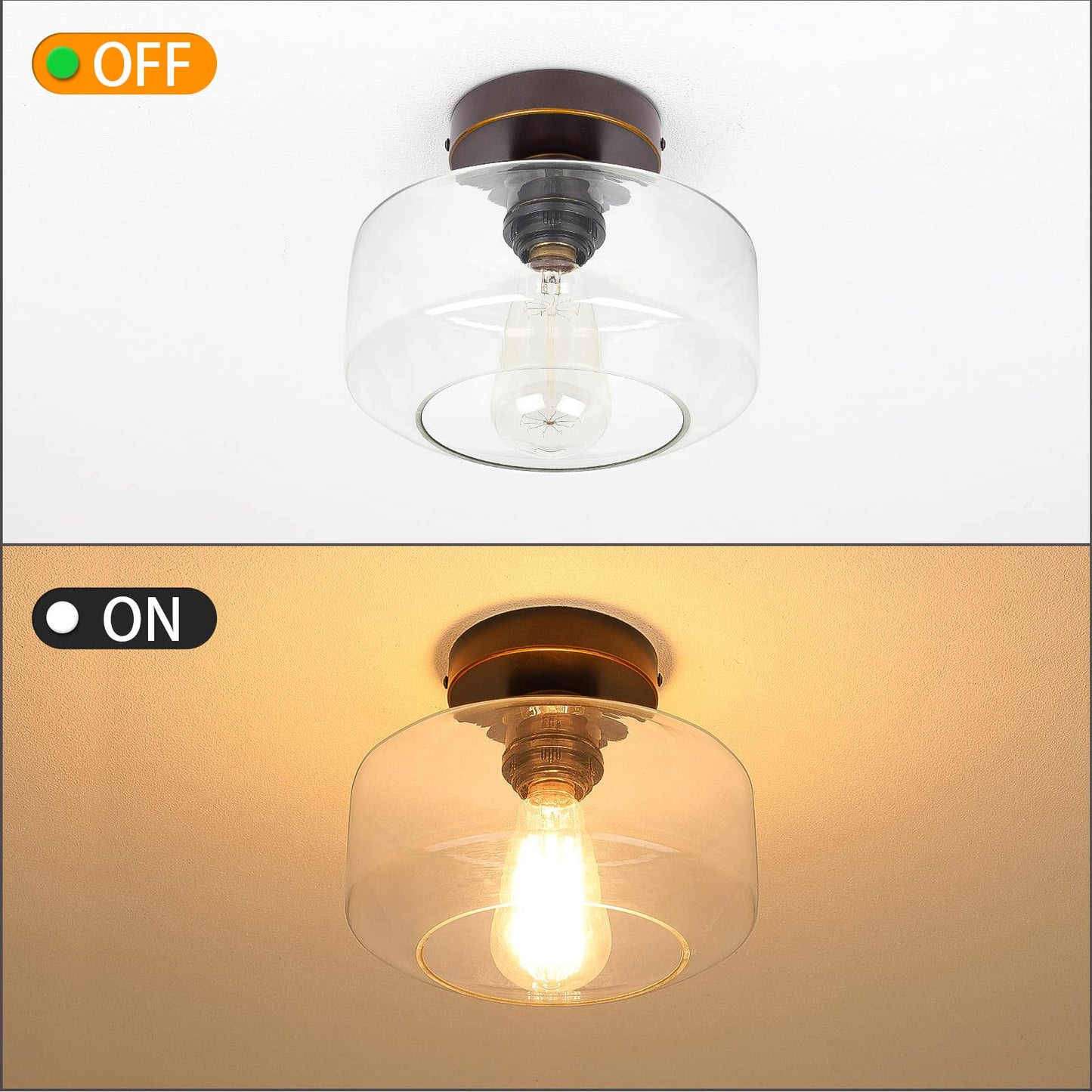 MAXvolador Industrial Semi Flush Mount Ceiling Light, Clear Glass Pendant Lamp Shade, Farmhouse Lighting for Hallway, Vintage Hanging Light Fixtures