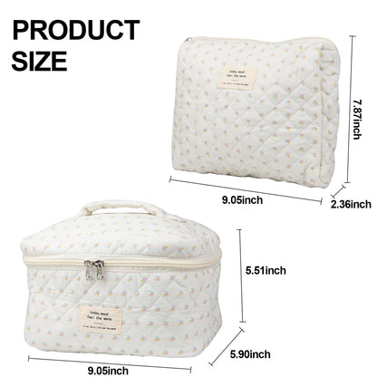 Cute Makeup Bag for Women(2 Pcs), Travel Cosmetic Bags, Quilted Coquette Aesthetic Floral Toiletry Organizer Bag (NavyBlue Flower)
