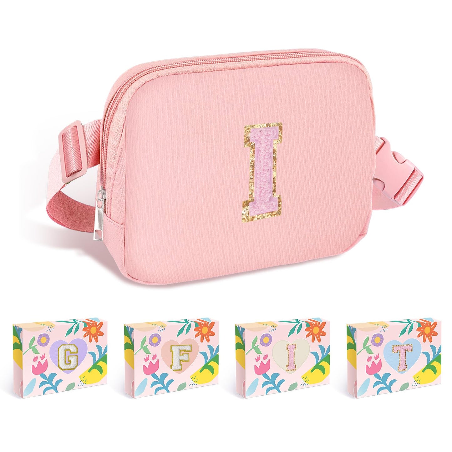 COSHAYSOO Pink Belt Bag Small Waist Fanny Pack Mini Crossbody Purse with Initial Preppy Letter Patch for Teen Girl Women Workout, Cross Body Chest Pouch Trending Birthday Gift Idea (S)