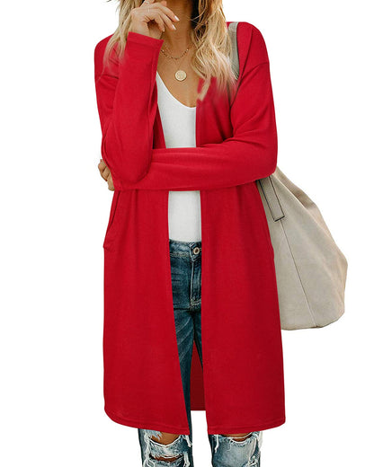 OUGES Women's Open Front Cardigan Shirt with Pockets Long Sleeve Lightweight Coat
