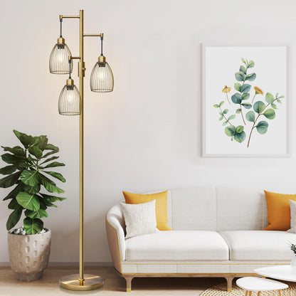 Dimmable Industrial Floor Lamps for Living Room, Gold Tree Standing Tall Lamps with 3 Elegant Teardrop Cage Head & 800 Lumens LED Bulbs for Bedroom Office