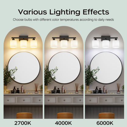 PARTPHONER Bathroom Light Fixtures, Bathroom Lighting Fixtures Over Mirror, Interior Classic Vanity Lights, Modern Bathroom Vanity Light with Textured White Glass Shade, Brushed Nickel, 3-Light