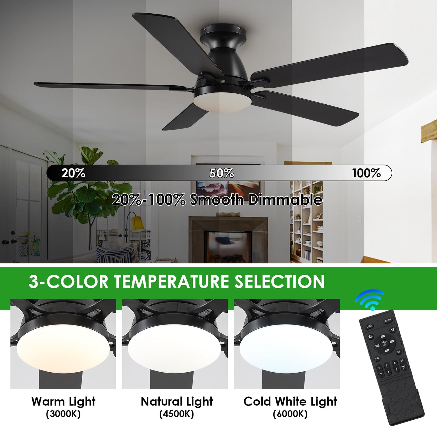 Ceiling Fans with Lights- 52" Low Profile Indoor Ceiling Fan with Light and Remote/APP Control, Flush Mount, LED Dimmable DC Reversible Modern Ceiling Fan for Bedroom（Black）