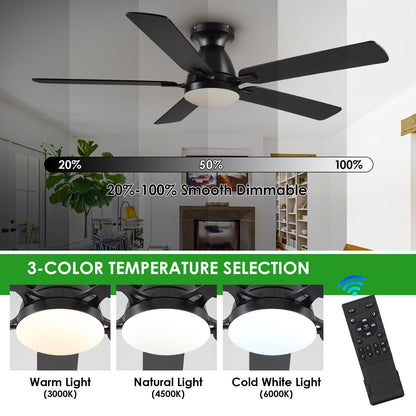 Ceiling Fans with Lights- 46" Low Profile Indoor Ceiling Fan with Light and Remote/APP Control, Flush Mount, LED Dimmable DC Reversible Modern Ceiling Fan for Bedroom（Black）