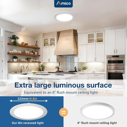Amico 6 Pack 6 Inch 5CCT Ultra-Thin LED Recessed Ceiling Light with Junction Box, 2700K/3000K/3500K/4000K/5000K Selectable, 12W Eqv 110W 1050LM Brightness Dimmable Canless Wafer Downlight, ETL & FCC