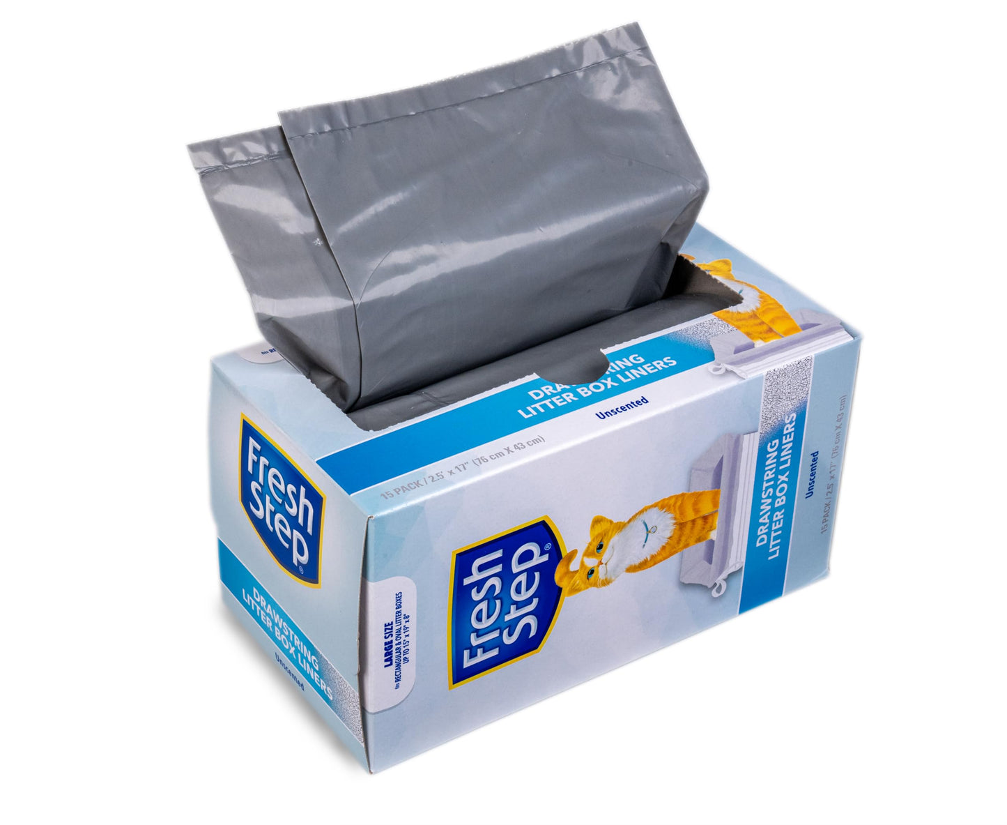 Fresh Step Drawstring Cat Litter Box Liners, Unscented, Size Jumbo, 36" x 19" | Kitty Litter Bags - 15 Count - Cat Litter Liners for Rectangle or Oval Large Litterboxes