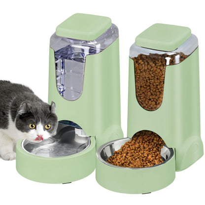 2 Pack Automatic Cat Feeder and Stainless Steel Water Dispenser, Gravity Dog Waterer Set Food Feeder and Waterer Set for Small Medium Kitten Puppy Pets(1 Gallon x 2, Charcoal Gray)