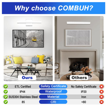 Combuh Modern Bathroom Light Fixtures Over Mirror 16 Inch IP44 9W Chrome Vanity Light Bar for Bathroom Wall Light Fixtures Cool White 6000K