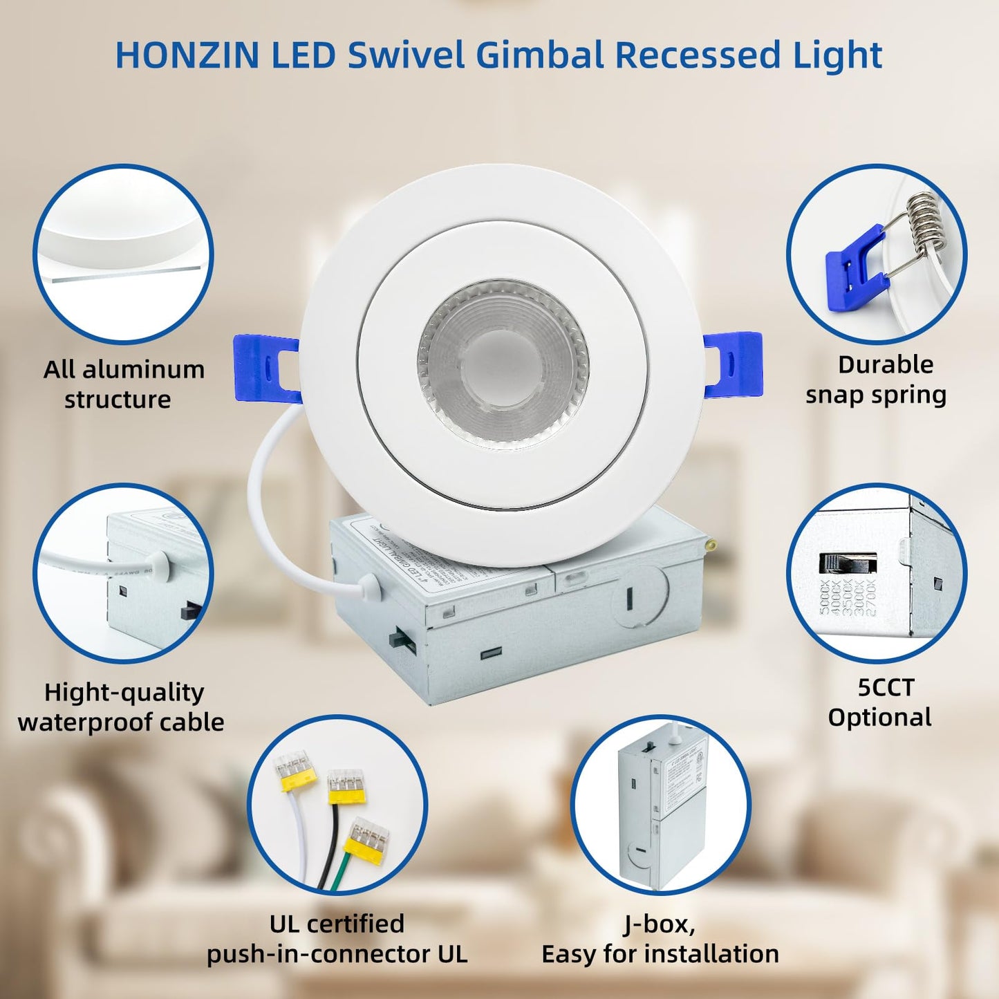 HONZIN 4 Pack 4 Inch Gimbal Recessed Lighting, 360° & 90° Adjustable Canless Downlight - 9W LED 750LM High Brightness, 5CCT 2700K-5000K Selectable, ETL/FCC & IC Rated, CRI90+ Dimmable