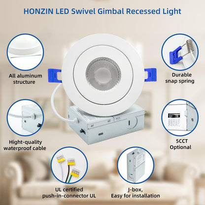 HONZIN 4 Pack 4 Inch Gimbal Recessed Lighting, 360° & 90° Adjustable Canless Downlight - 9W LED 750LM High Brightness, 5CCT 2700K-5000K Selectable, ETL/FCC & IC Rated, CRI90+ Dimmable