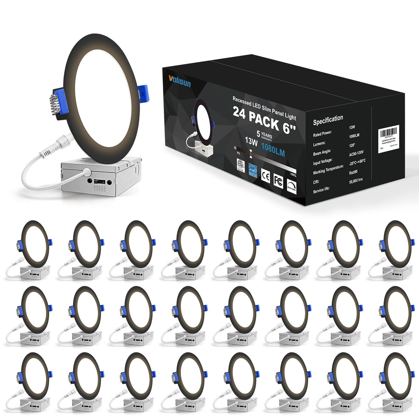 VOLISUN 24 Pack 4 inch Recessed Lighting, 5CCT LED Recessed Light with Junction Box, 2700K-5000K Selectable, 9.5W Eqv 80W, 810LM Dimmable Canless Wafer Downlight, LED Ceiling Light ETL Certificated