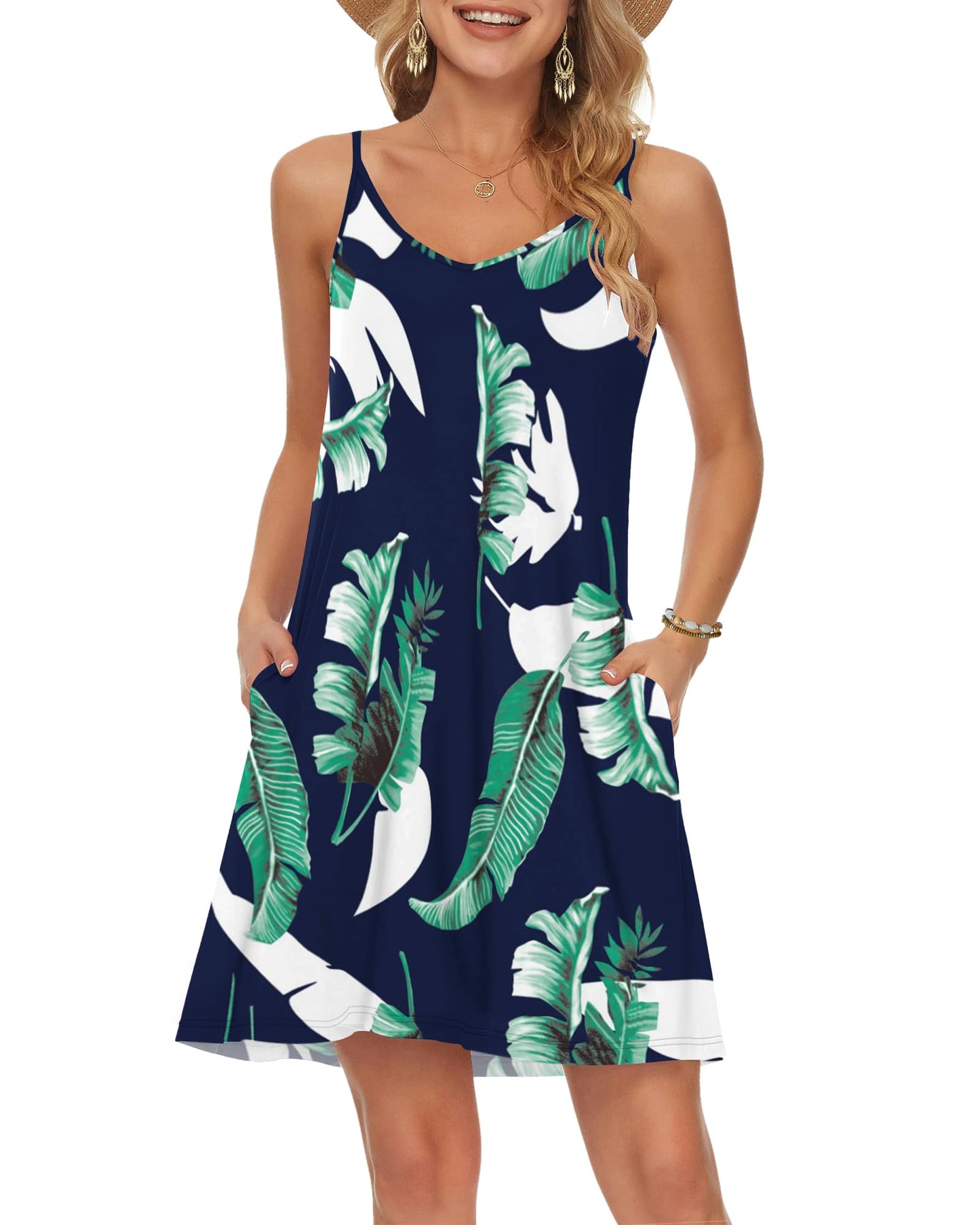 MISFAY Women's Summer Spaghetti Strap Casual Swing Tank Beach Cover Up Dress with Pockets