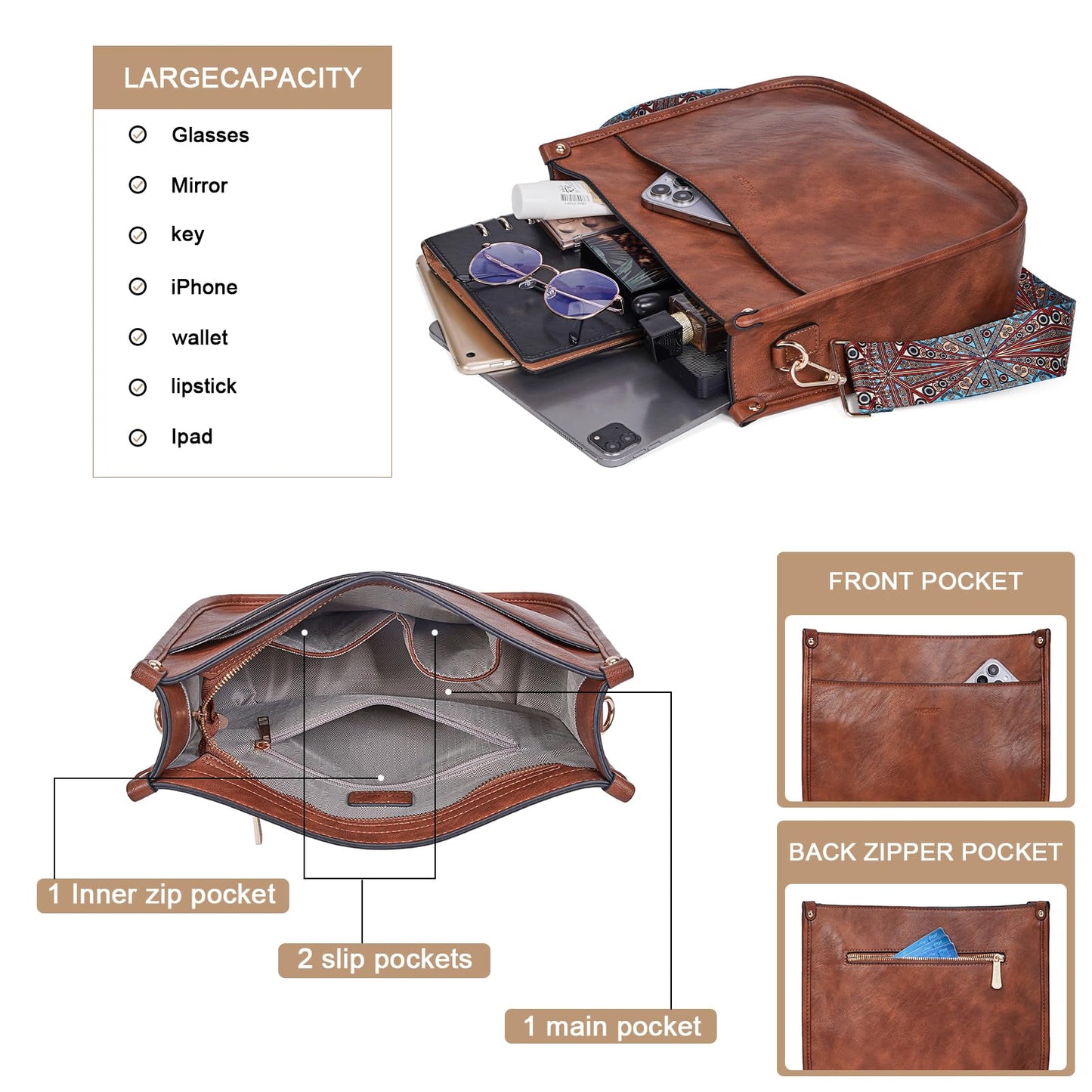 HKCLUF Crossbody Bags for Women Trendy Vegan Leather Hobo Handbags With 2PCS Adjustable Guitar Strap Shoulder Bucket Bags