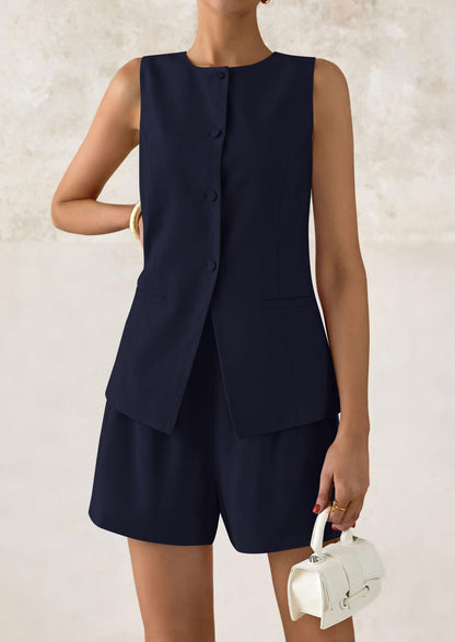 PRETTYGARDEN Women's 2 Piece Sets 2025 Summer Trendy Button Down Suit Vest Tops High Waisted Shorts Business Casual Outfits