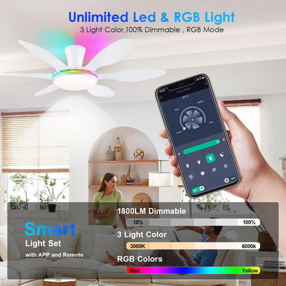 Ceiling Fans with Lights, 51 inch Modern Black Low Profile Ceiling Fan with Light and Remote App Control, Flush Mount, Quiet DC Reversible, Dim Led Ceiling Fan 6 Blade Softer Wind Indoor/Outdoor Patio