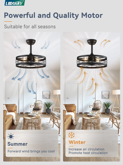 LEDIARY 16.5 inch Black Caged Ceiling Fan with Light, Fandelier Industrial Ceiling Fan with Remote, Farmhouse Fan Lights Ceiling Fixtures for Kitchen, Bedroom, Outdoor（6 Speed, Timing）-Black