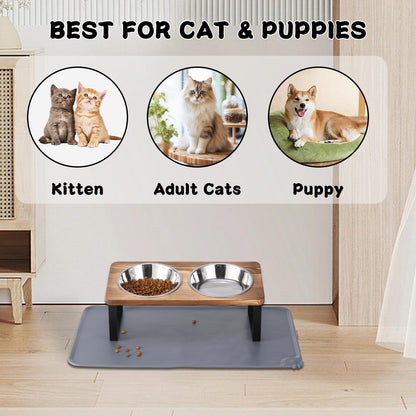 Upgraded Elevated Cat Bowls with Food Mat,15°Tilted Stand Anti Vomiting Raised Cat Dishes for Food and Water,2 Stainless Steel Bowls for Cats and Puppy