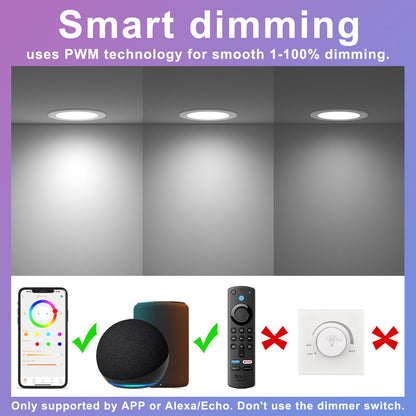 Smart Recessed Lighting 4 Inch RGBCW Color Changing 12W LED Downlight with Junction Box,1000 Lumen Recessed Ceiling Light Compatible with Alexa,Dimmable by Bluetooth Control -12Pack