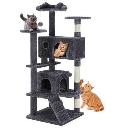 Sweetcrispy 54-Inch Cat Tree Tower – Multi-Level with Sisal Scratching Post, Perfect Pet Gift, Indoor Condo with Climbing Ladder, Plush Toy, and More Animal Stuff, Light Grey