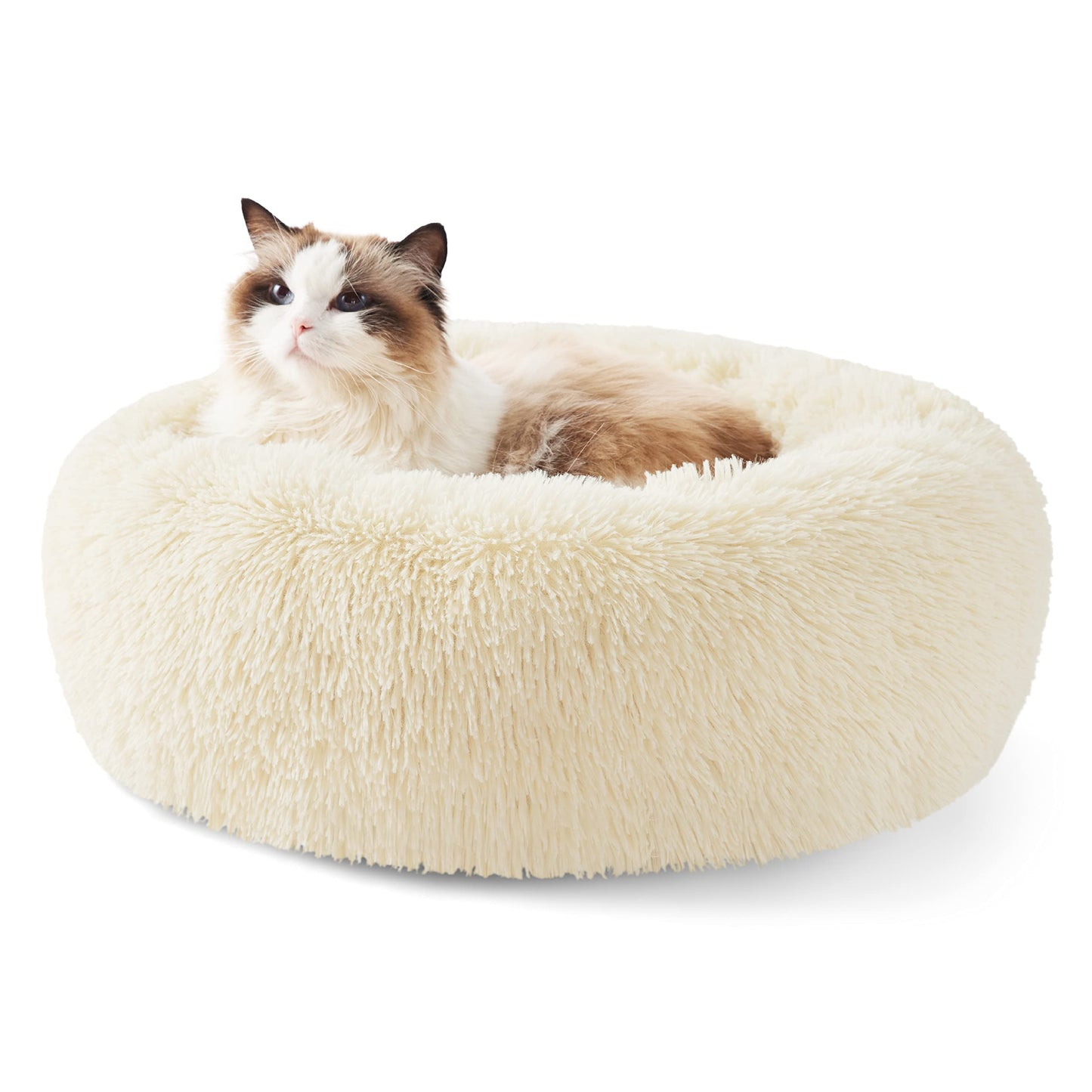 Bedsure Calming Cat Beds for Indoor Cats - Small Cat Bed Washable 20 inches, Anti-Slip Round Fluffy Plush Faux Fur Pet Bed, Fits up to 15 lbs Pets, Camel