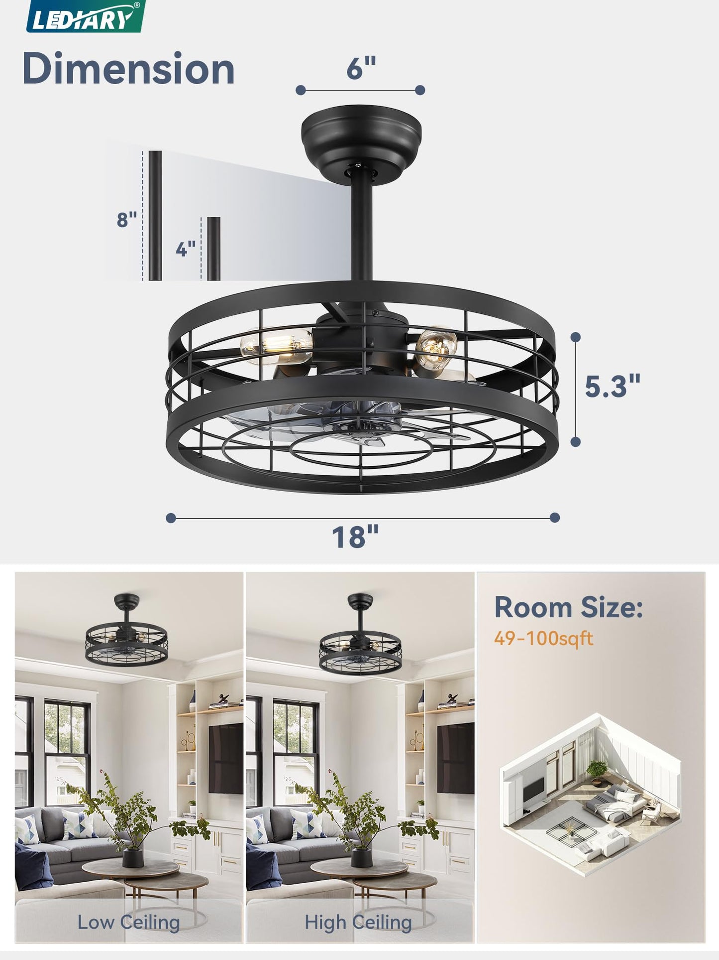 LEDIARY 16.5 inch Black Caged Ceiling Fan with Light, Fandelier Industrial Ceiling Fan with Remote, Farmhouse Fan Lights Ceiling Fixtures for Kitchen, Bedroom, Outdoor（6 Speed, Timing）-Black
