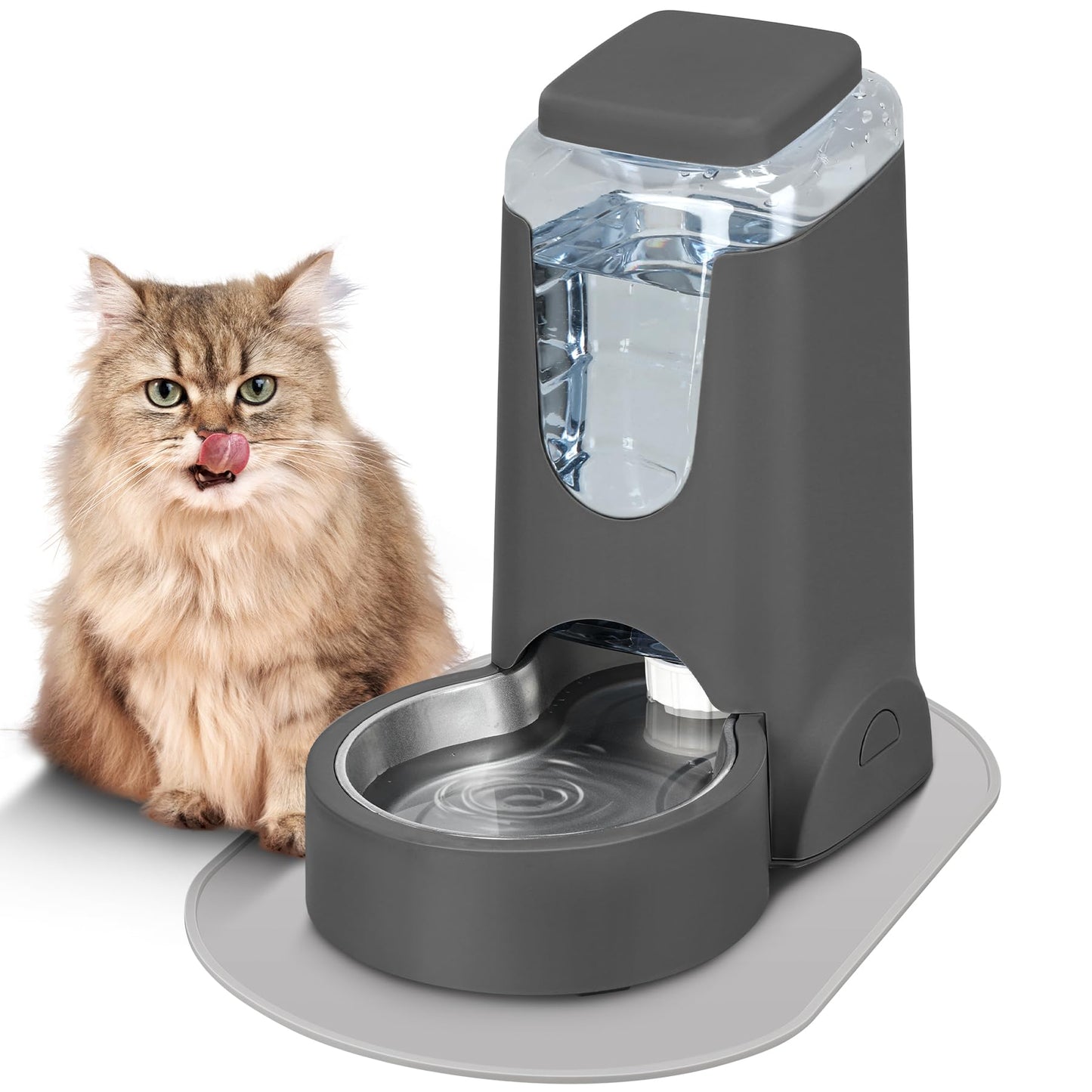 2 Pack Automatic Cat Feeder and Stainless Steel Water Dispenser, Gravity Dog Waterer Set Food Feeder and Waterer Set for Small Medium Kitten Puppy Pets(1 Gallon x 2, Charcoal Gray)