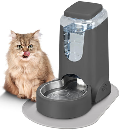 2 Pack Automatic Cat Feeder and Stainless Steel Water Dispenser, Gravity Dog Waterer Set Food Feeder and Waterer Set for Small Medium Kitten Puppy Pets(1 Gallon x 2, Charcoal Gray)
