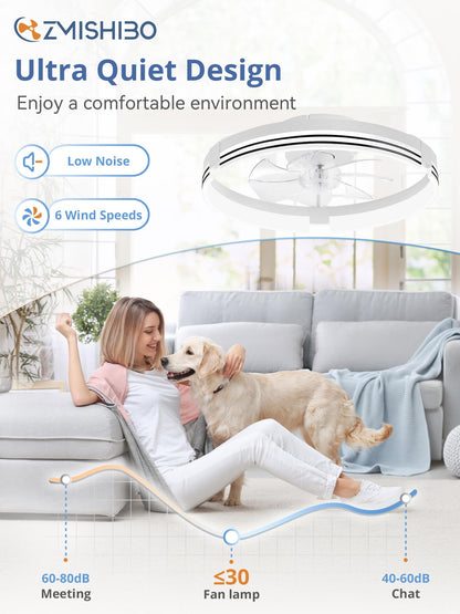 Low Profile Ceiling Fans with Lights and Remote, 20 Inch Flush Mount Ceiling Fan with Light, 3000K-6000K Dimmable Fandelier LED Fan Light, 6 Wind Speeds Black Ceiling Fans for Bedroom