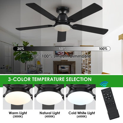 Ceiling Fans with Lights- 52" Low Profile Indoor Ceiling Fan with Light and Remote/APP Control, Flush Mount, LED Dimmable DC Reversible Modern Ceiling Fan for Bedroom（Black）
